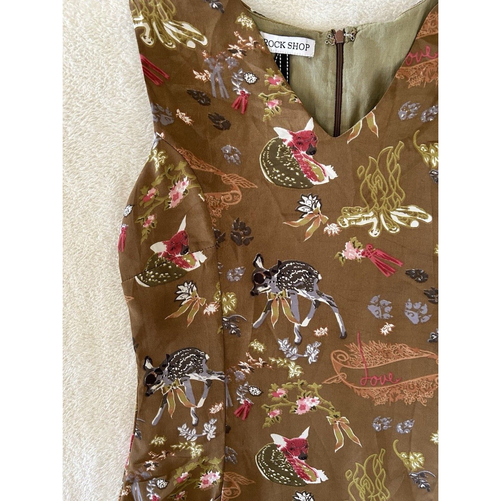 Frock Shop Silk Blend Midi Dress Brown Fairycore Woodland Print Sleeveless Sizem — image 5 of 8